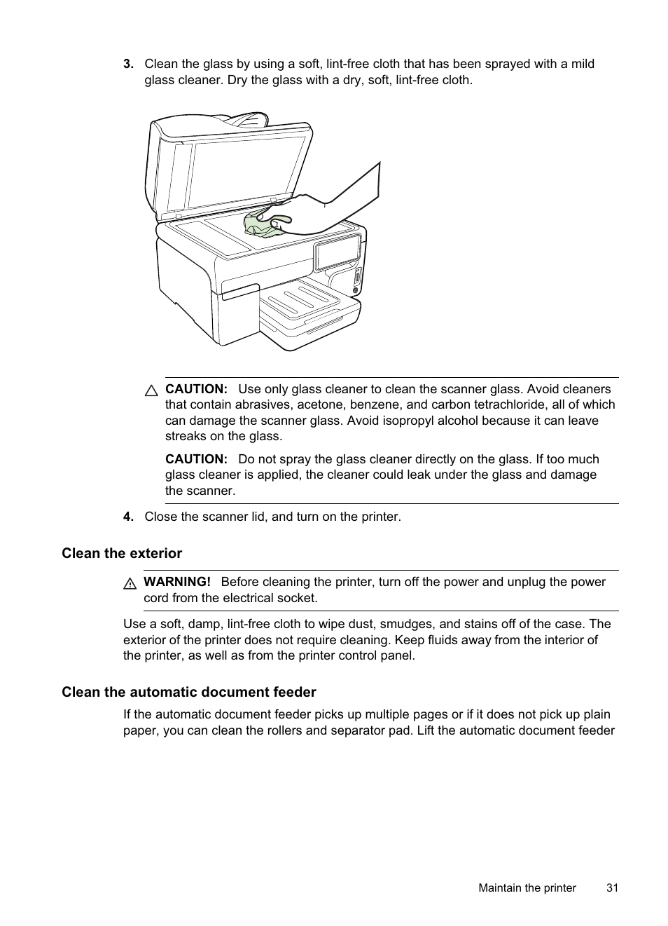 Clean the exterior, Clean the automatic document feeder | HP Officejet Pro 8500A User Manual | Page 35 / 246