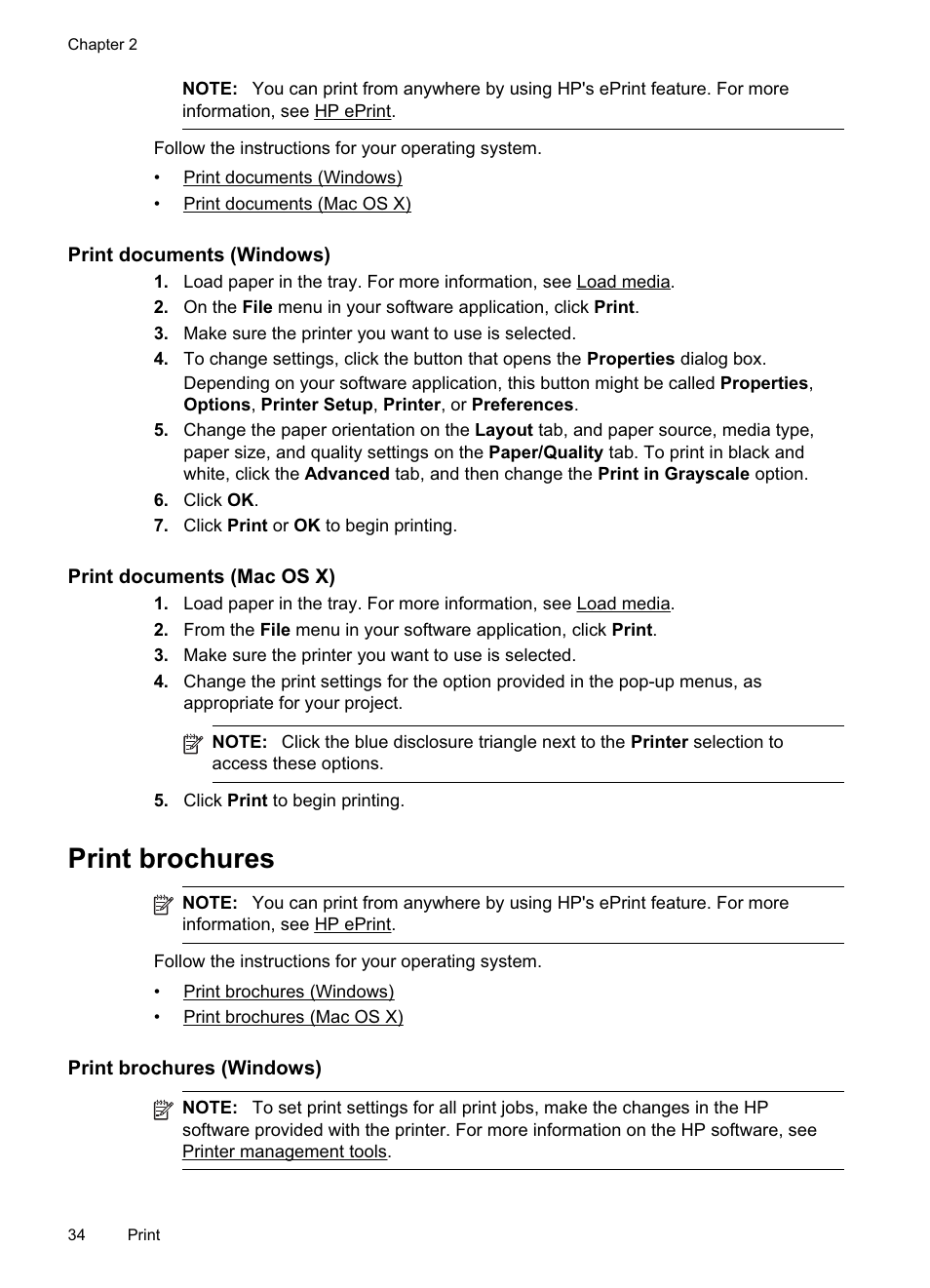 Print documents (windows), Print documents (mac os x), Print brochures | Print brochures (windows) | HP Officejet Pro 8500A User Manual | Page 38 / 246