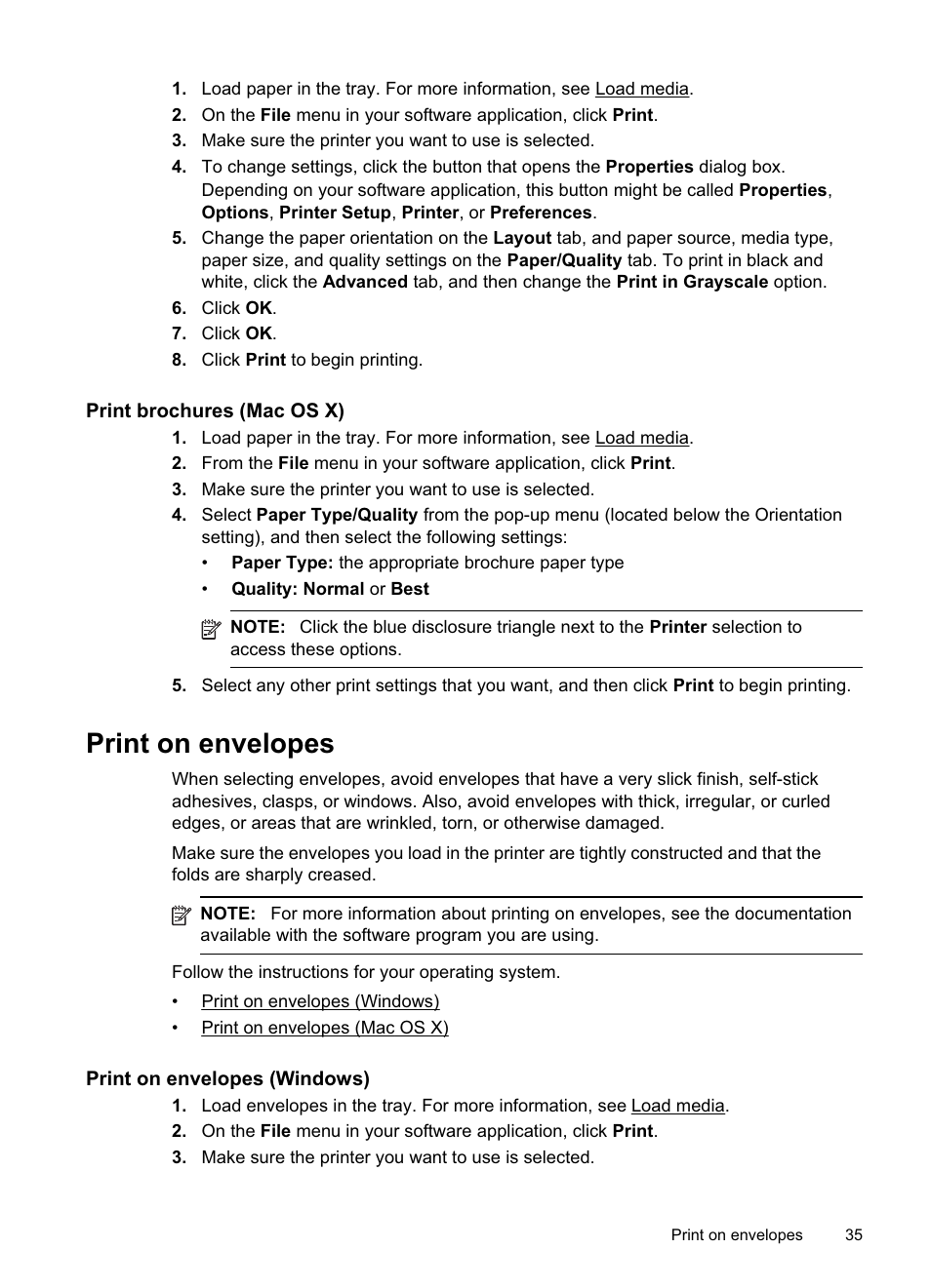 Print brochures (mac os x), Print on envelopes, Print on envelopes (windows) | HP Officejet Pro 8500A User Manual | Page 39 / 246