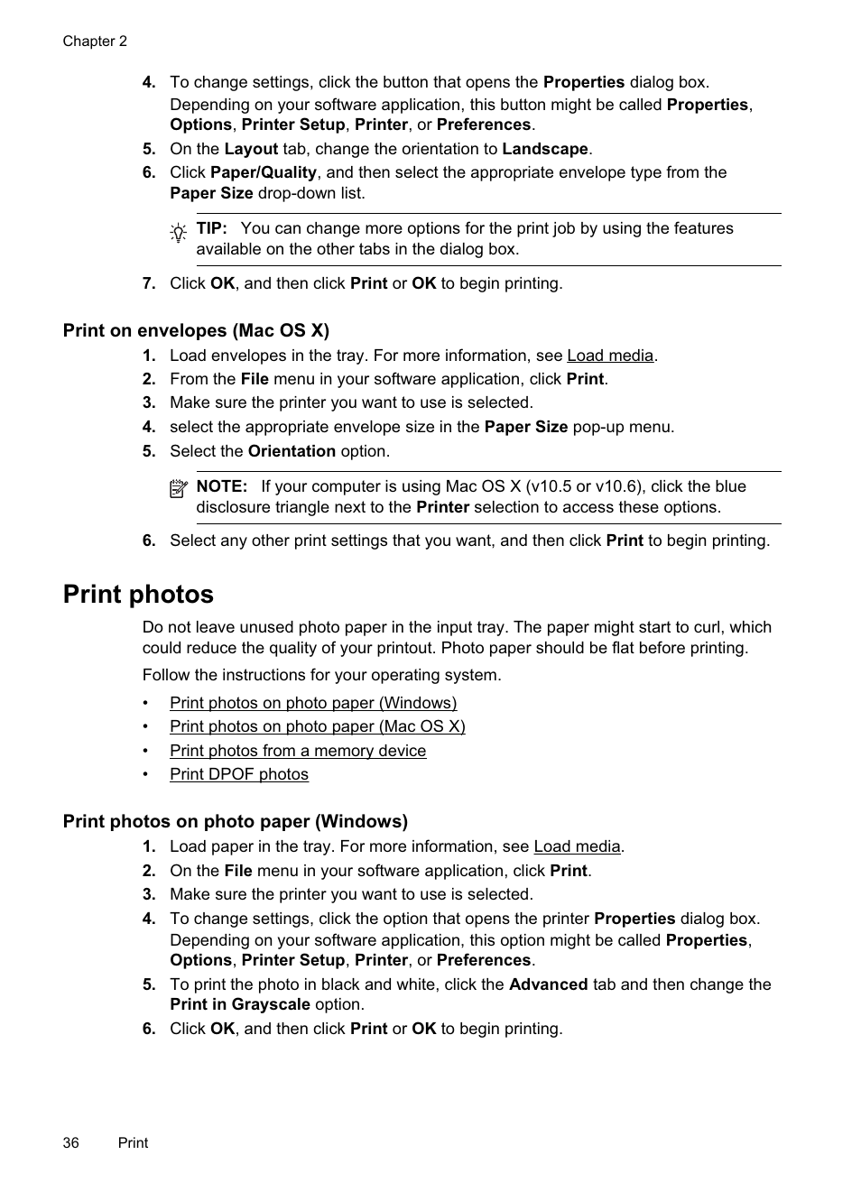 Print on envelopes (mac os x), Print photos, Print photos on photo paper (windows) | HP Officejet Pro 8500A User Manual | Page 40 / 246