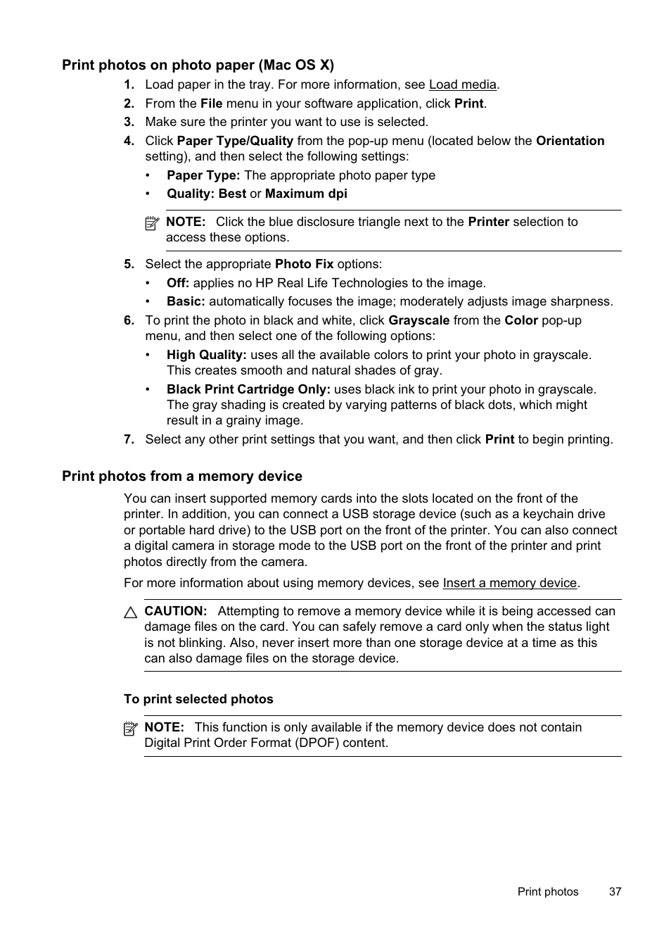 Print photos on photo paper (mac os x), Print photos from a memory device | HP Officejet Pro 8500A User Manual | Page 41 / 246