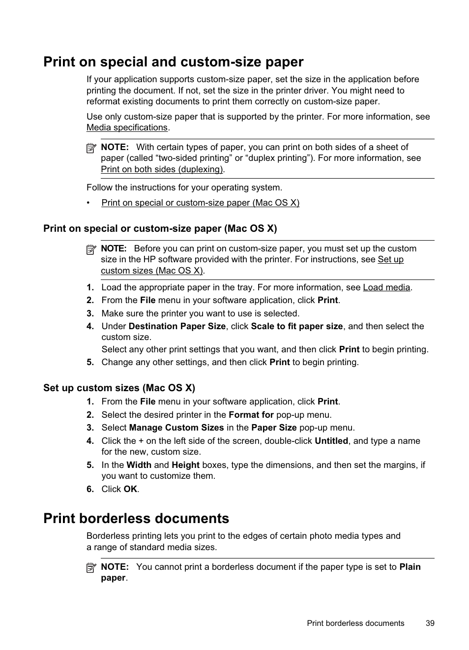 Print on special and custom-size paper, Print on special or custom-size paper (mac os x), Print borderless documents | HP Officejet Pro 8500A User Manual | Page 43 / 246