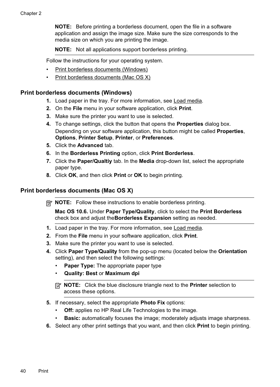 Print borderless documents (windows), Print borderless documents (mac os x) | HP Officejet Pro 8500A User Manual | Page 44 / 246