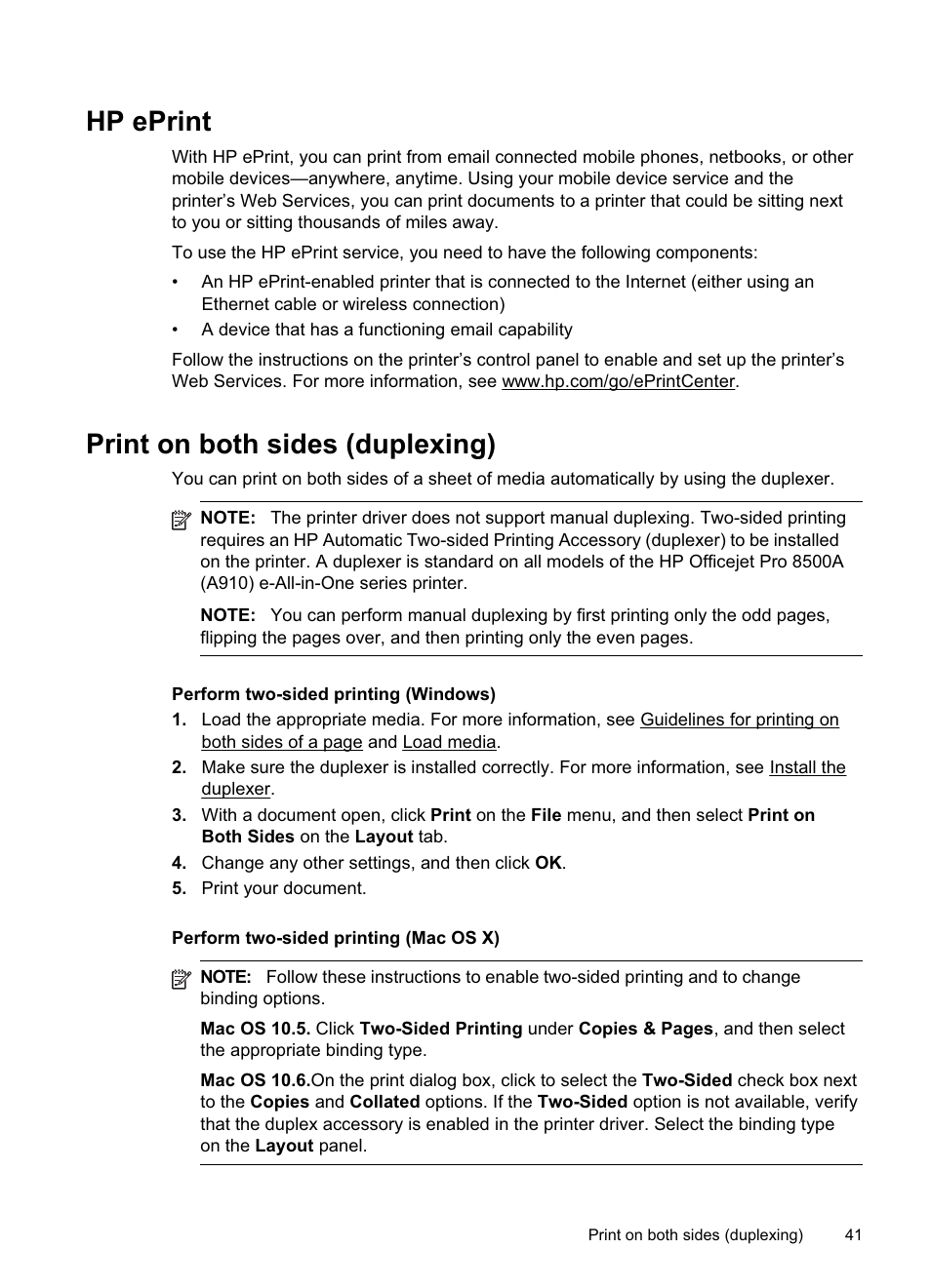 Print on both sides (duplexing), See print on both sides (duplexing), See hp eprint | Hp eprint | HP Officejet Pro 8500A User Manual | Page 45 / 246