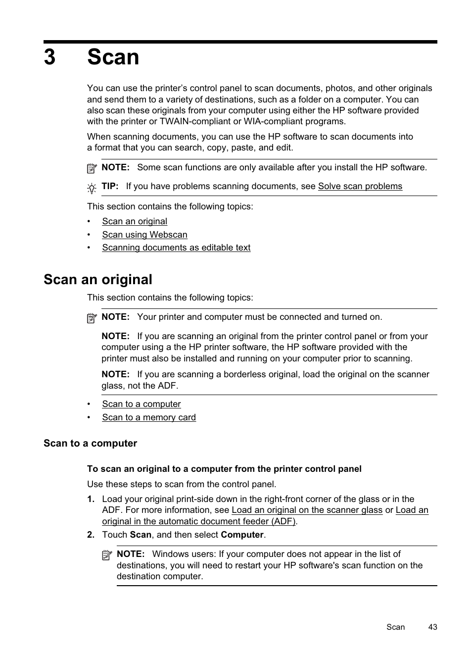 Scan, Scan an original, Scan to a computer | Scan scan an original, Scan to a computer scan to a memory card, 3scan | HP Officejet Pro 8500A User Manual | Page 47 / 246