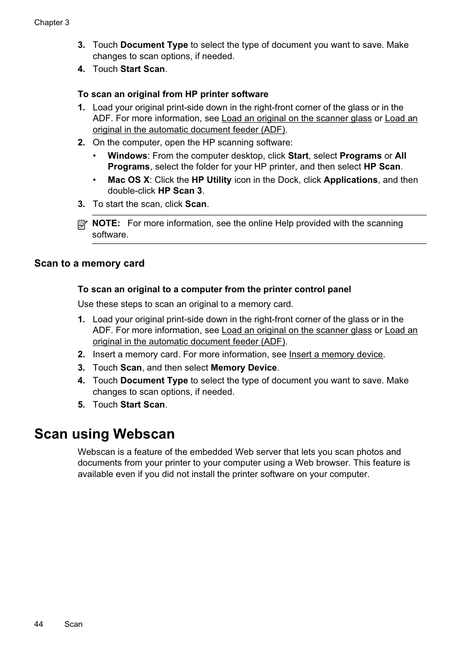 Scan to a memory card, Scan using webscan | HP Officejet Pro 8500A User Manual | Page 48 / 246