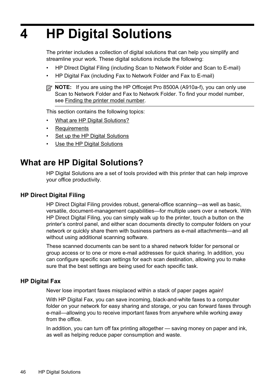 Hp digital solutions, What are hp digital solutions, Hp direct digital filing | Hp digital fax, Hp digital solutions what are hp digital solutions, Hp direct digital filing hp digital fax, 4hp digital solutions | HP Officejet Pro 8500A User Manual | Page 50 / 246