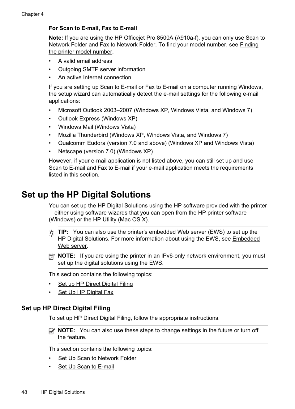 Set up the hp digital solutions, Set up hp direct digital filing, Set up hp digital fax | HP Officejet Pro 8500A User Manual | Page 52 / 246