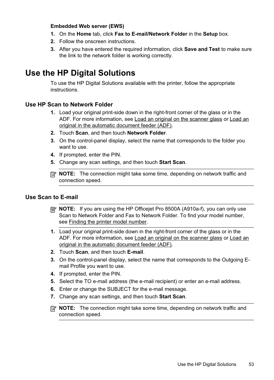 Use the hp digital solutions, Use hp scan to network folder, Use scan to e-mail | HP Officejet Pro 8500A User Manual | Page 57 / 246