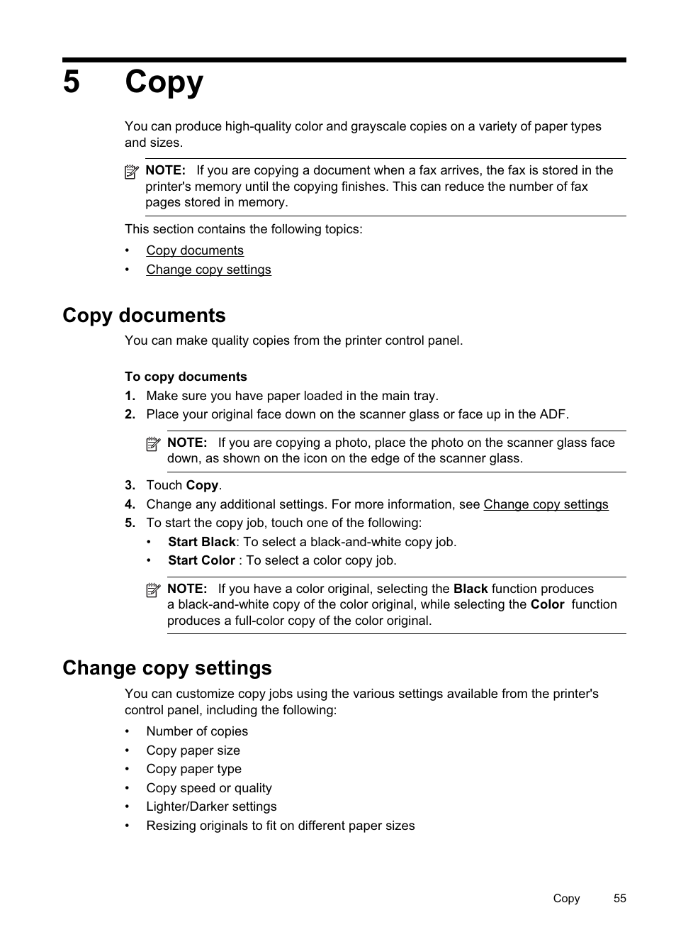 Copy, Copy documents, Change copy settings | Copy copy documents change copy settings, 5copy | HP Officejet Pro 8500A User Manual | Page 59 / 246