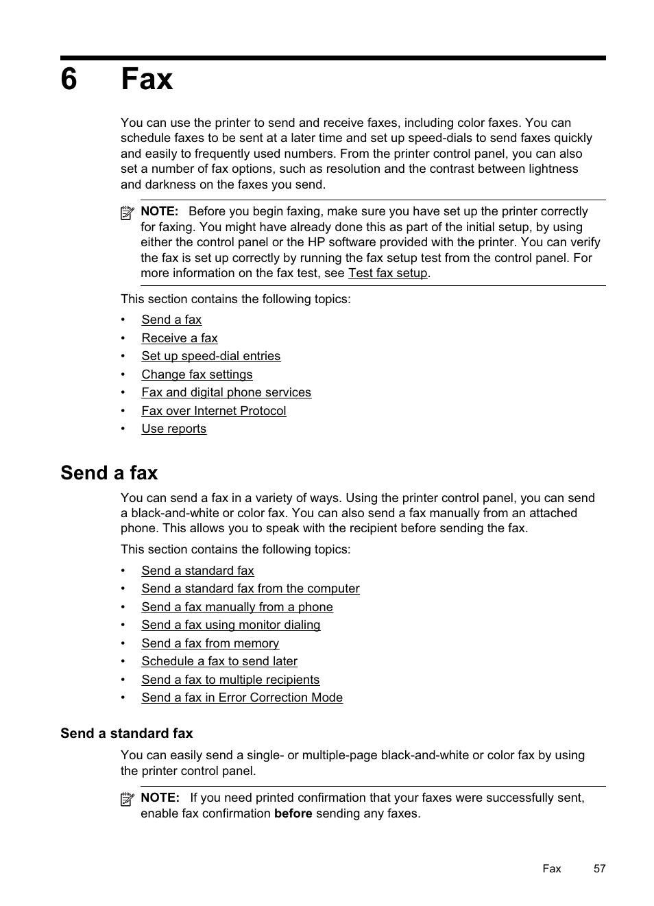 Send a fax, Send a standard fax, Fax send a fax | 6fax | HP Officejet Pro 8500A User Manual | Page 61 / 246