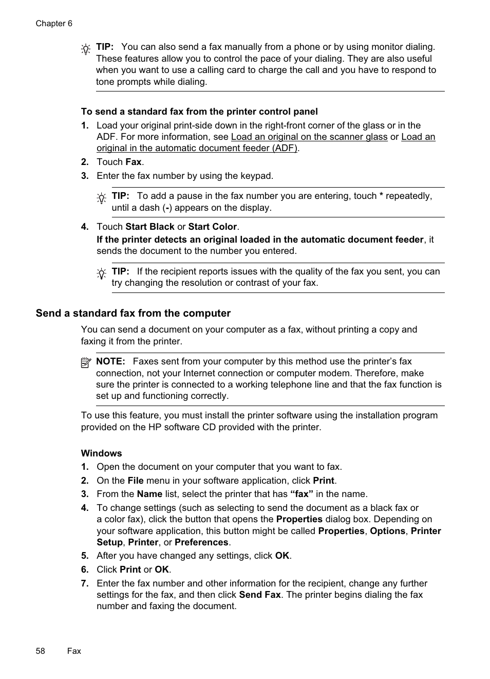 Send a standard fax from the computer | HP Officejet Pro 8500A User Manual | Page 62 / 246