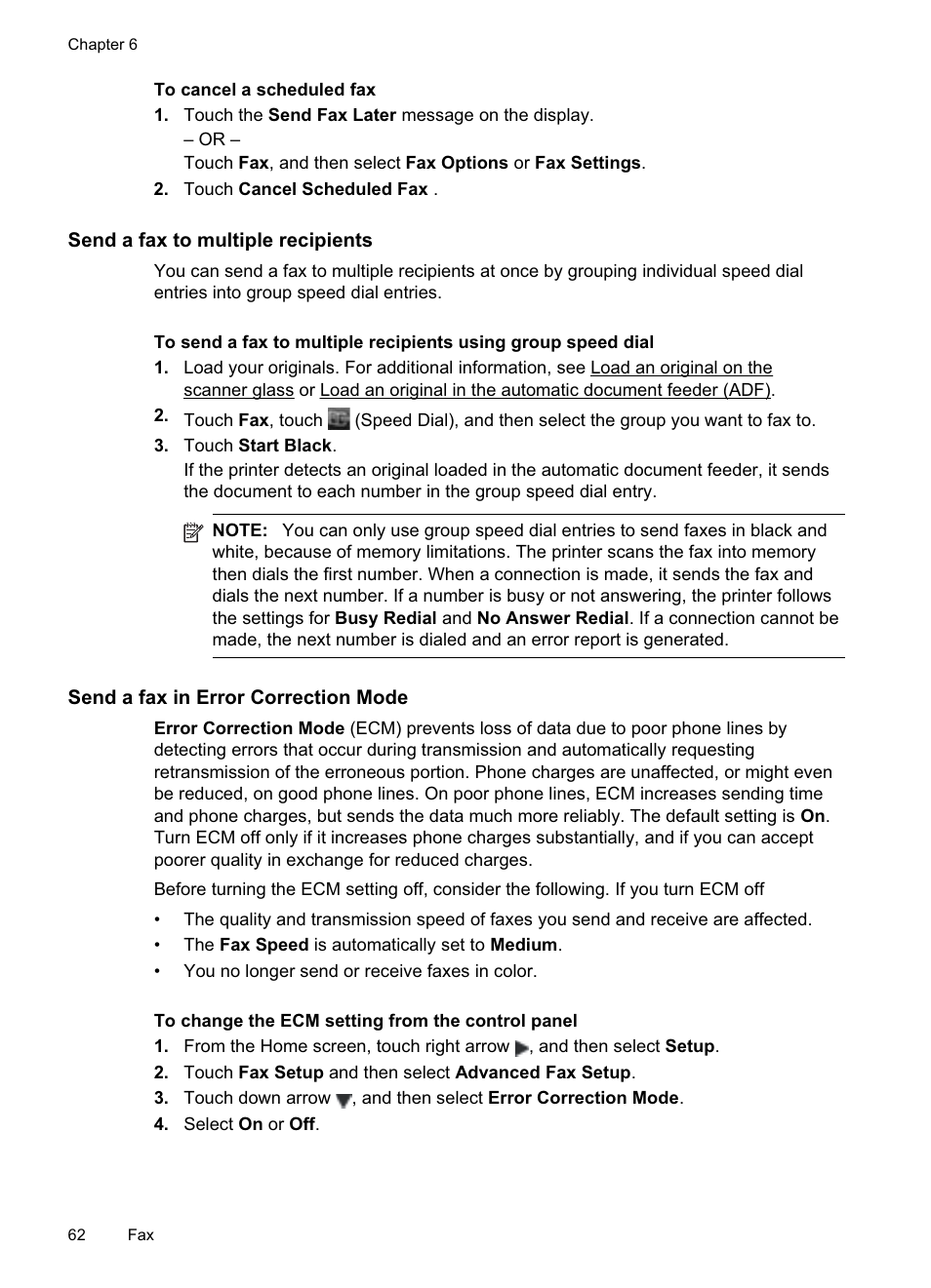 Send a fax to multiple recipients, Send a fax in error correction mode | HP Officejet Pro 8500A User Manual | Page 66 / 246