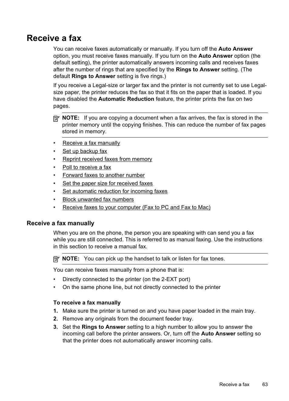 Receive a fax, Receive a fax manually | HP Officejet Pro 8500A User Manual | Page 67 / 246