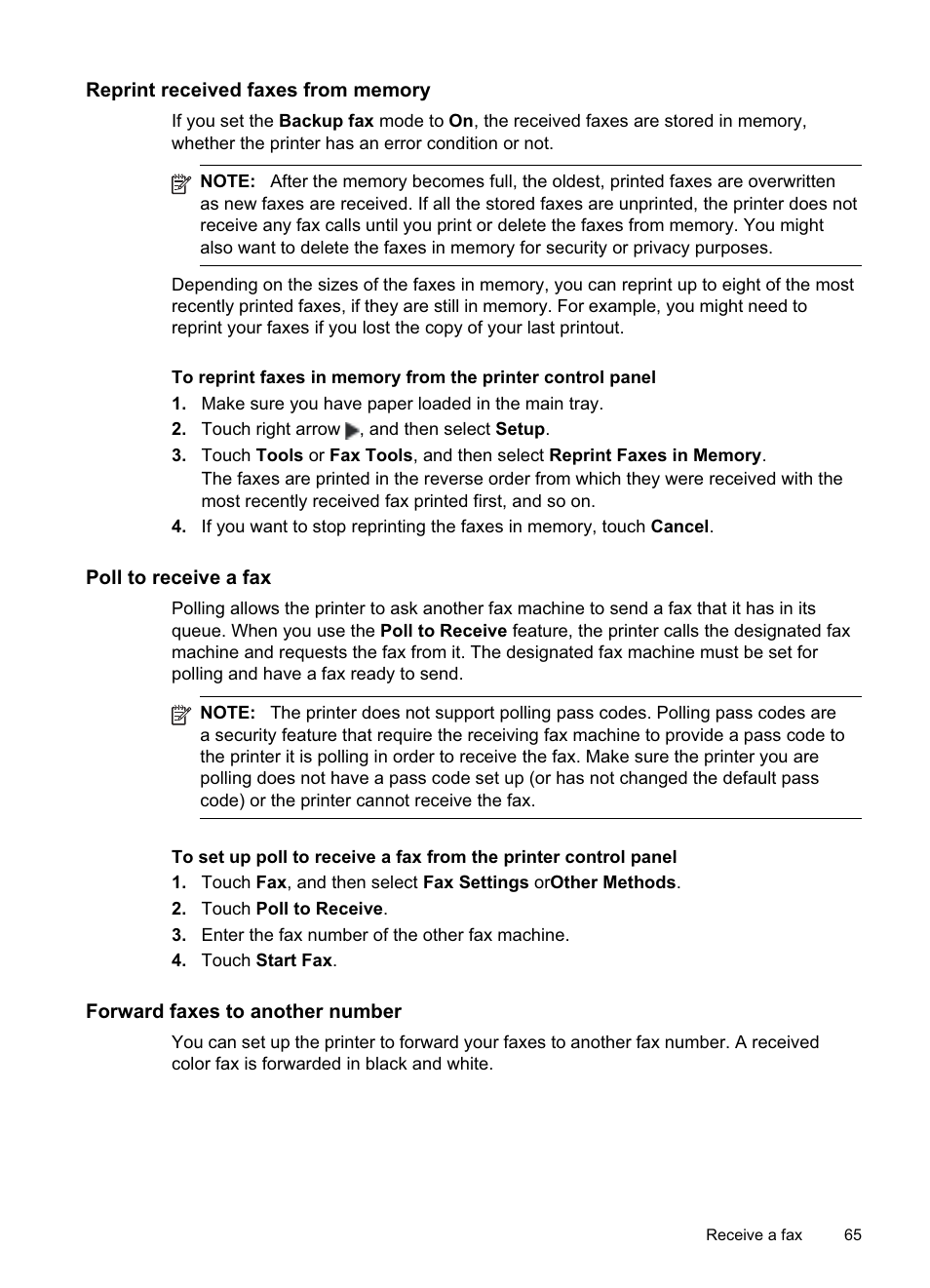 Reprint received faxes from memory, Poll to receive a fax, Forward faxes to another number | HP Officejet Pro 8500A User Manual | Page 69 / 246