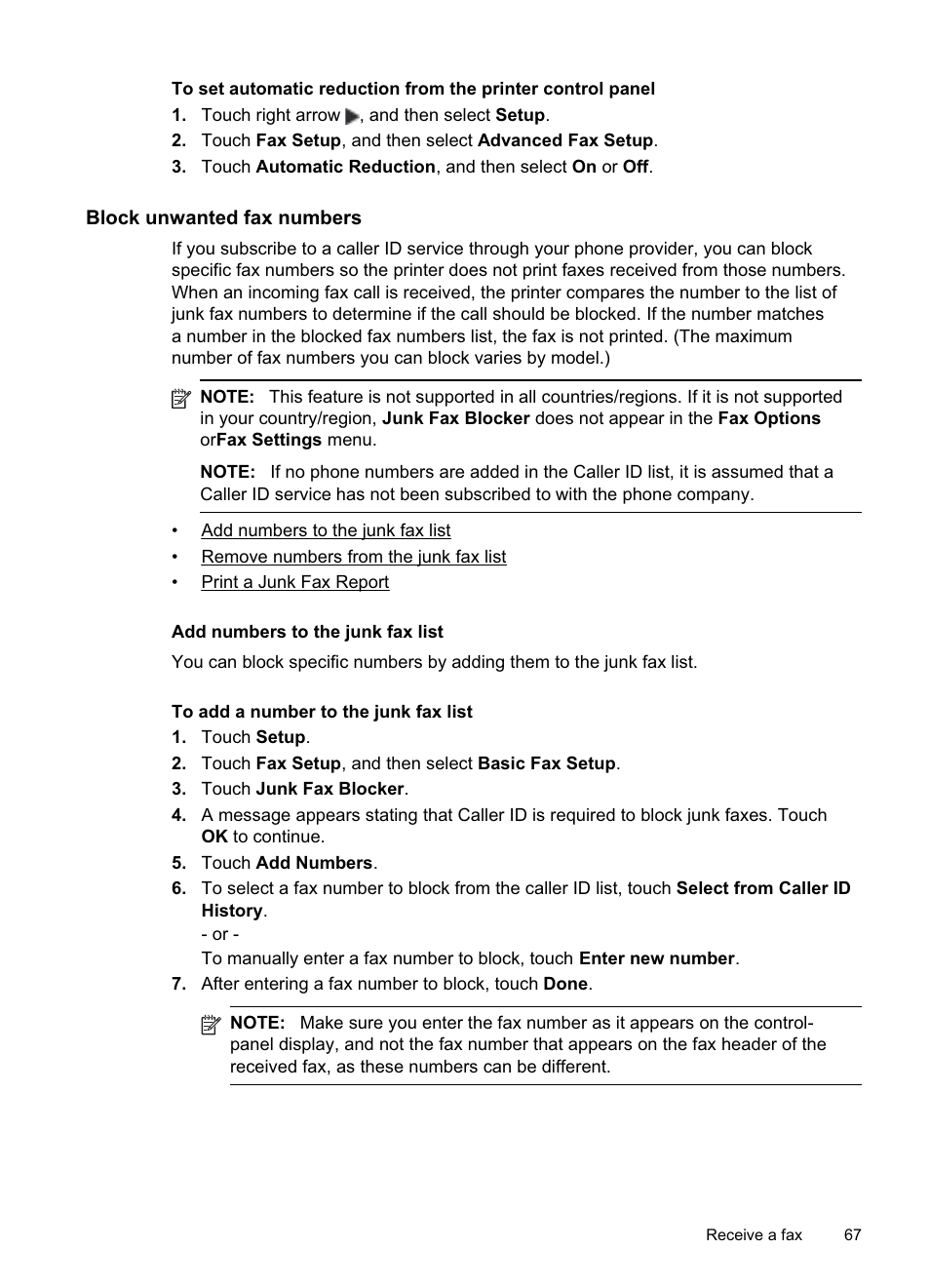 Block unwanted fax numbers, Add numbers to the junk fax list | HP Officejet Pro 8500A User Manual | Page 71 / 246