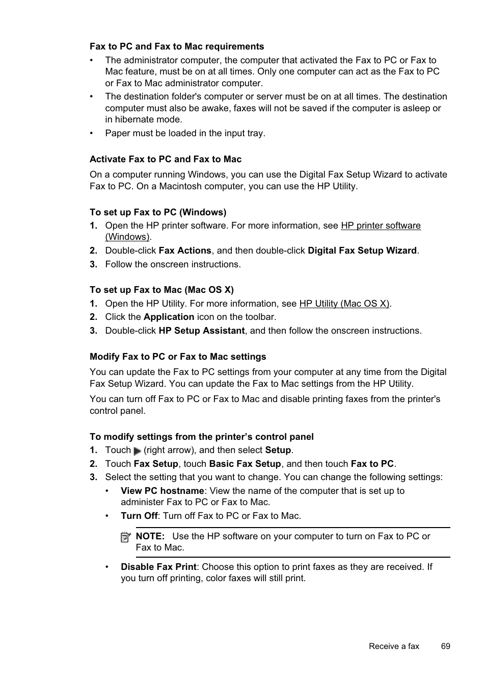 Fax to pc and fax to mac requirements, Activate fax to pc and fax to mac, Modify fax to pc or fax to mac settings | HP Officejet Pro 8500A User Manual | Page 73 / 246