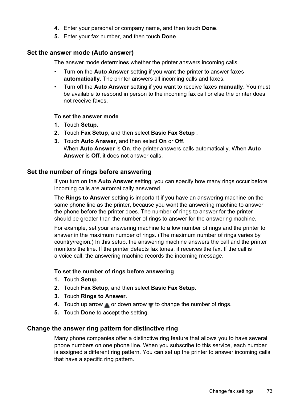 Set the answer mode (auto answer), Set the number of rings before answering | HP Officejet Pro 8500A User Manual | Page 77 / 246