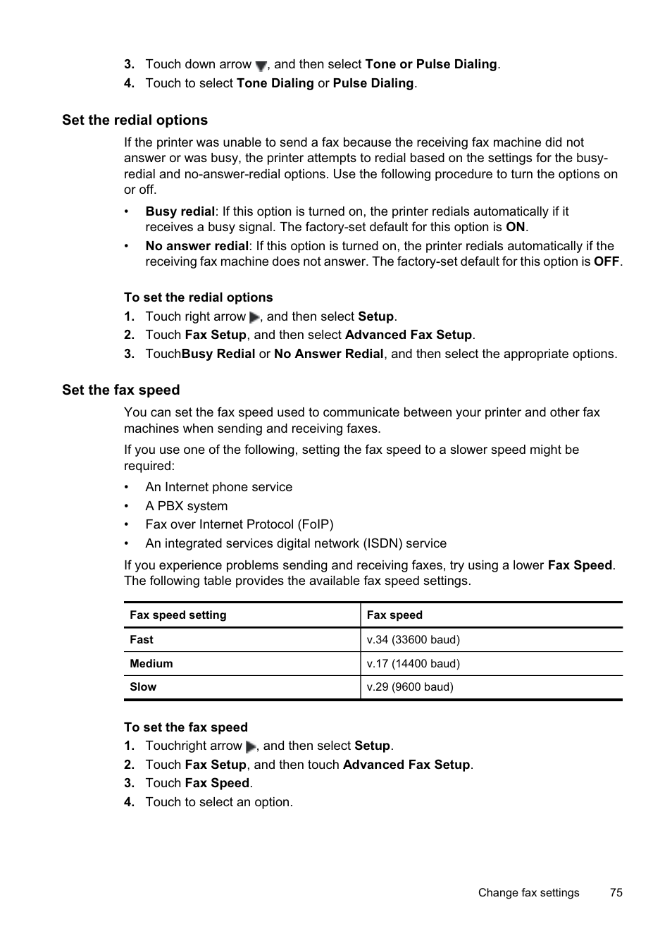 Set the redial options, Set the fax speed | HP Officejet Pro 8500A User Manual | Page 79 / 246