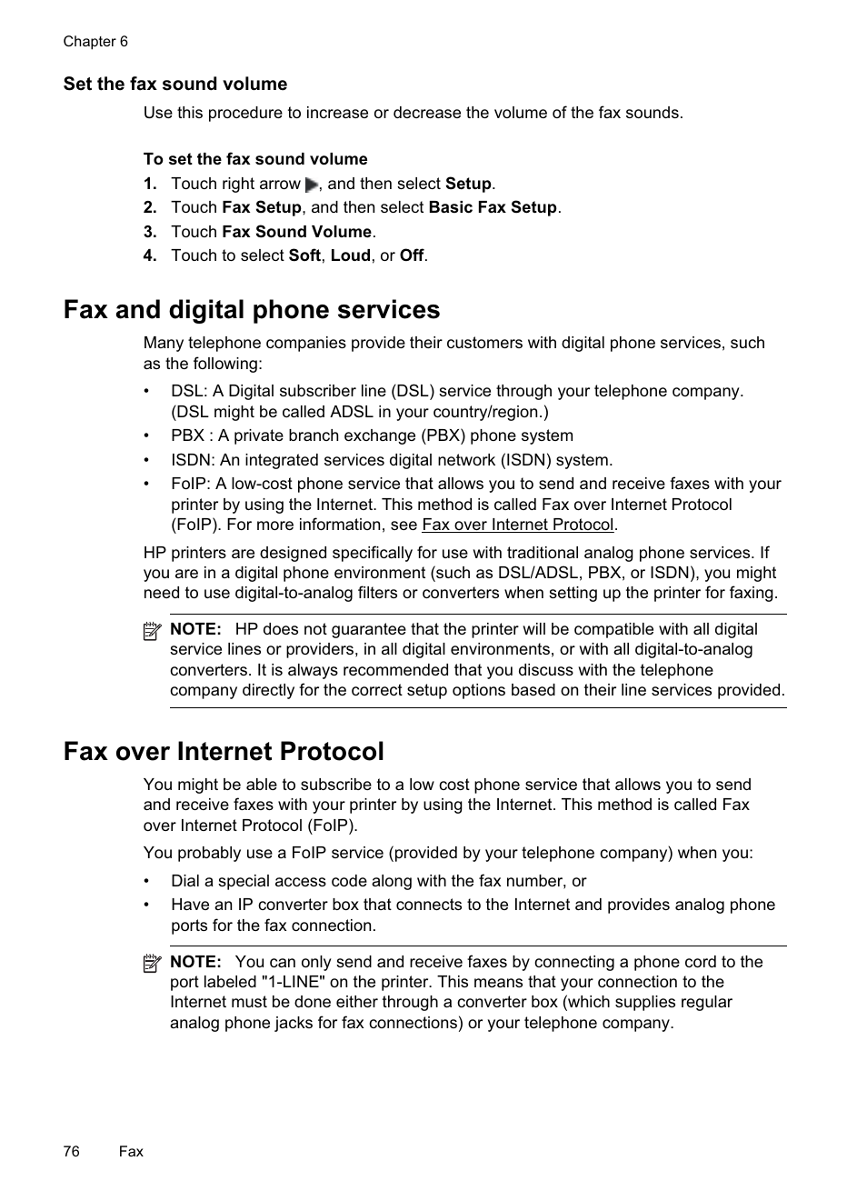 Set the fax sound volume, Fax and digital phone services, Fax over internet protocol | HP Officejet Pro 8500A User Manual | Page 80 / 246