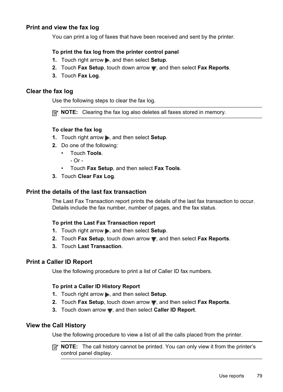 Print and view the fax log, Clear the fax log, Print the details of the last fax transaction | Print a caller id report, View the call history | HP Officejet Pro 8500A User Manual | Page 83 / 246