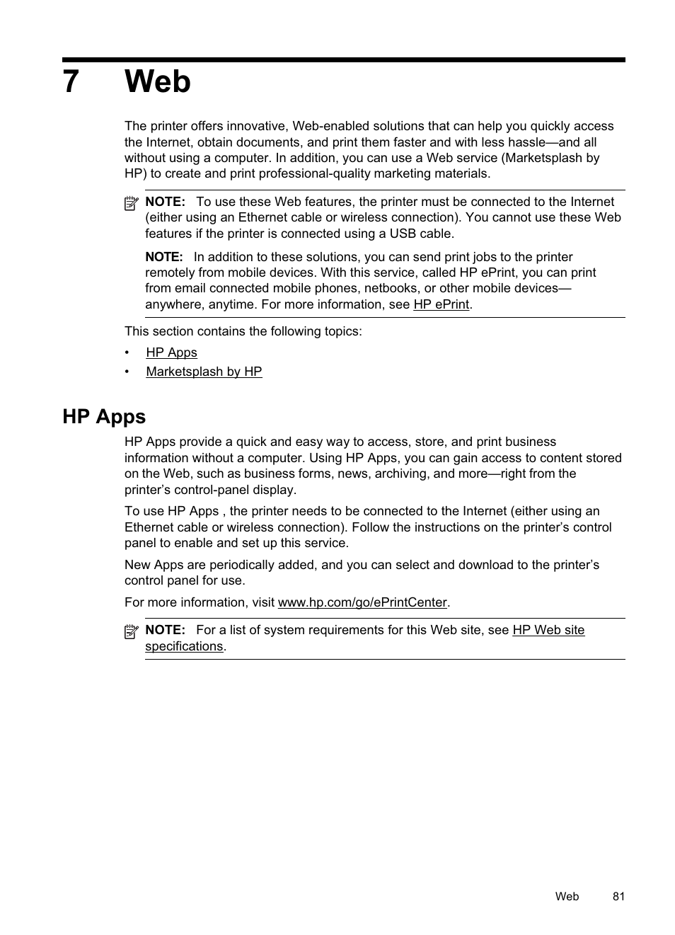 Hp apps, Web hp apps, 7web | HP Officejet Pro 8500A User Manual | Page 85 / 246