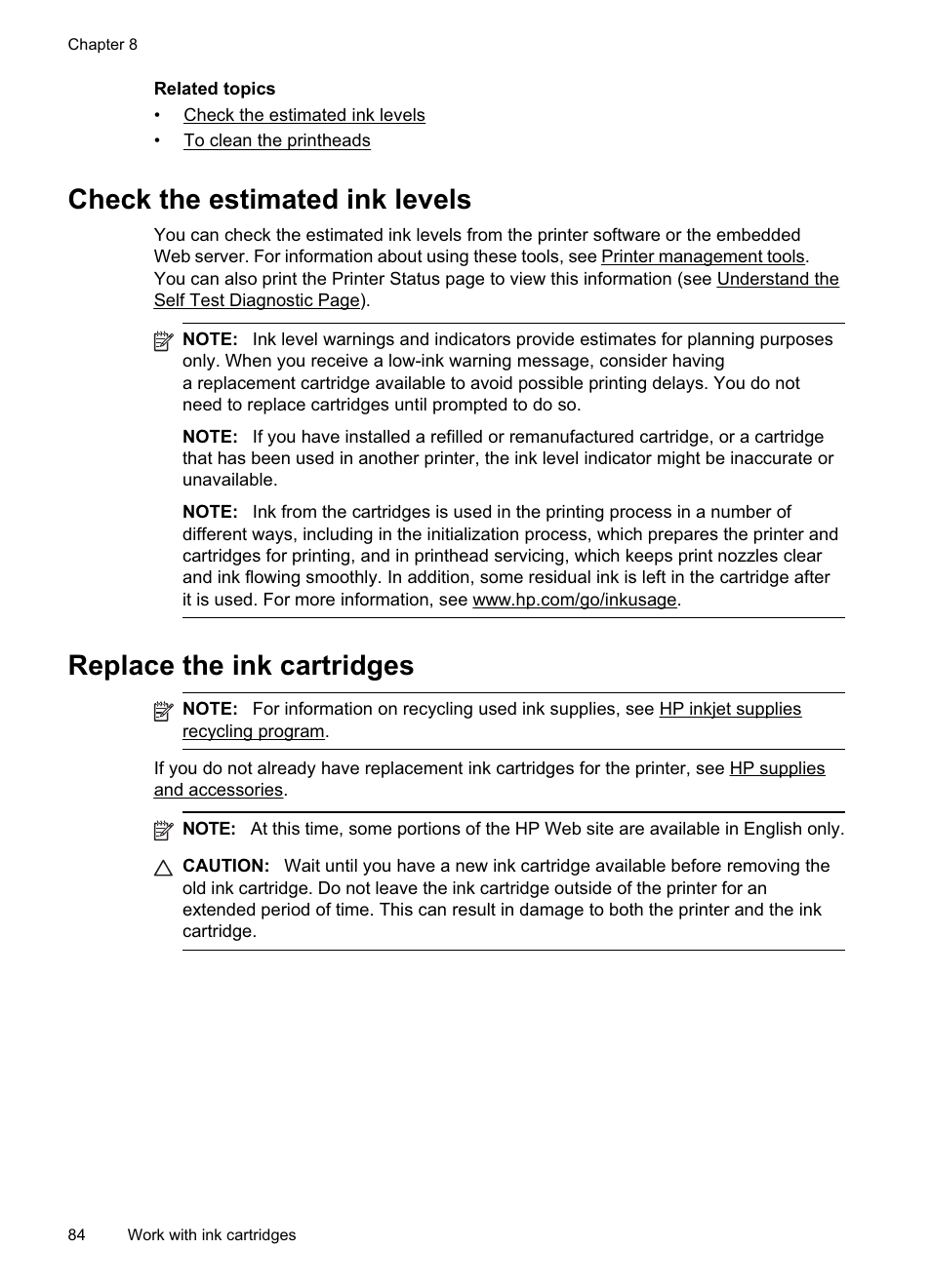 Check the estimated ink levels, Replace the ink cartridges | HP Officejet Pro 8500A User Manual | Page 88 / 246