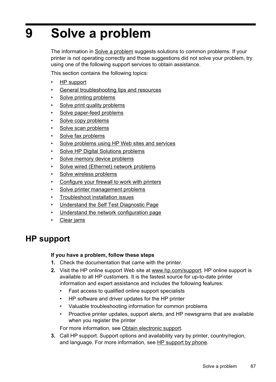 Solve a problem, Hp support, Solve a problem hp support | Obtain electronic support hp support by phone, 9solve a problem | HP Officejet Pro 8500A User Manual | Page 91 / 246