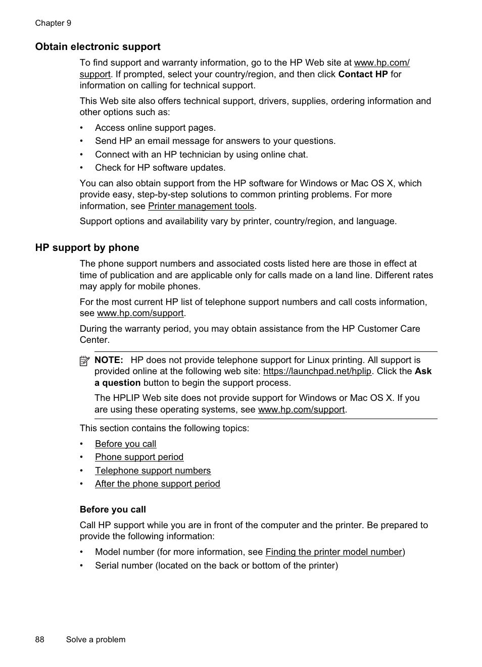 Obtain electronic support, Hp support by phone, Before you call | See hp support by phone | HP Officejet Pro 8500A User Manual | Page 92 / 246