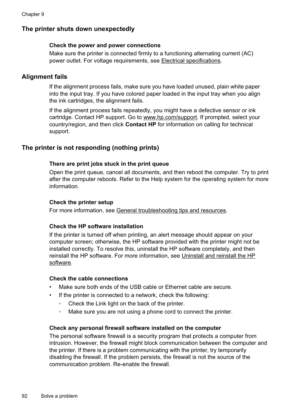 The printer shuts down unexpectedly, Alignment fails, The printer is not responding (nothing prints) | HP Officejet Pro 8500A User Manual | Page 96 / 246