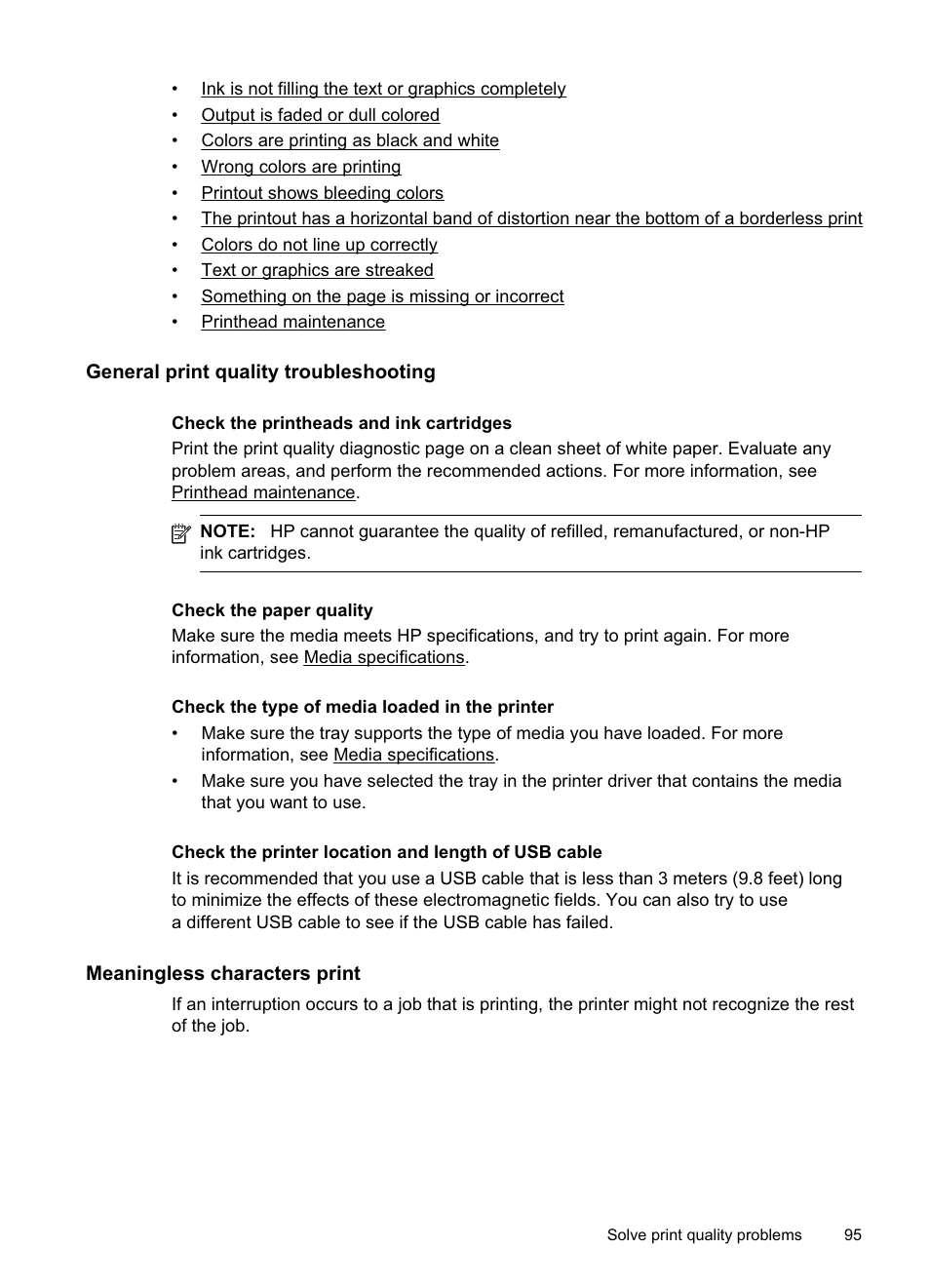 General print quality troubleshooting, Meaningless characters print | HP Officejet Pro 8500A User Manual | Page 99 / 246