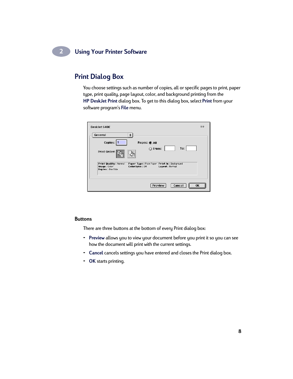 Print dialog box | HP Deskjet 642c Printer User Manual | Page 15 / 67