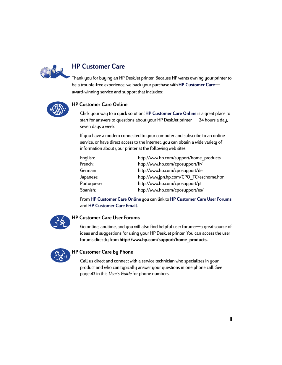 Hp customer care | HP Deskjet 642c Printer User Manual | Page 2 / 67