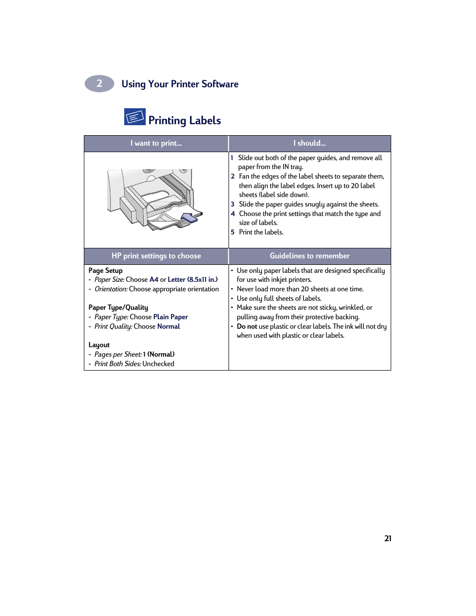 Printing labels, Using your printer software | HP Deskjet 642c Printer User Manual | Page 28 / 67