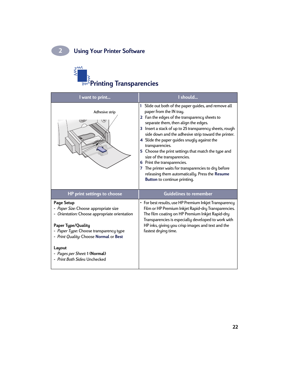 Printing transparencies, Using your printer software | HP Deskjet 642c Printer User Manual | Page 29 / 67