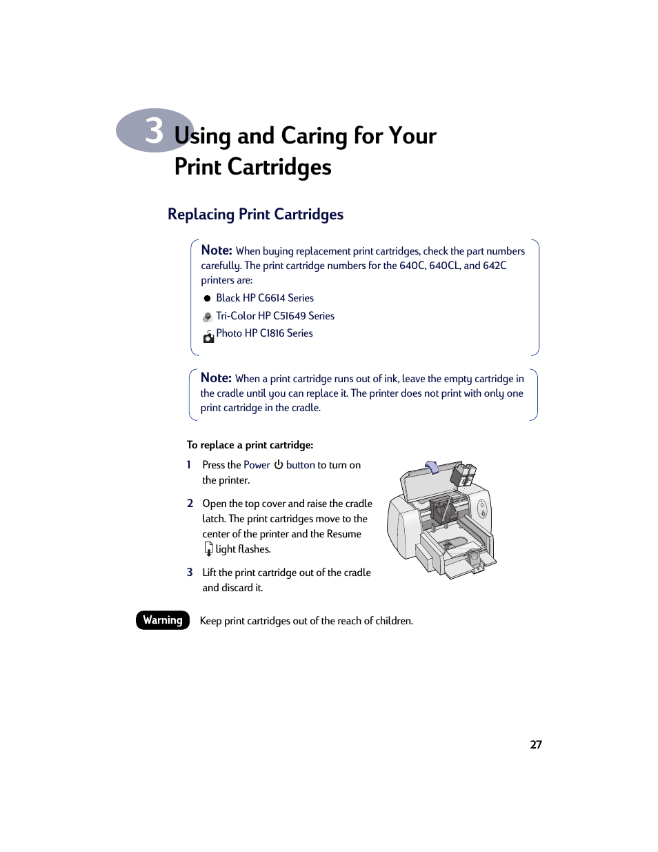 Using and caring for your print cartridges, Replacing print cartridges, Chapter 3 using and caring for your | Print cartridges | HP Deskjet 642c Printer User Manual | Page 34 / 67