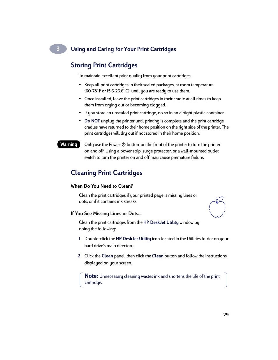 Storing print cartridges, Cleaning print cartridges, Storing print cartridges cleaning print cartridges | HP Deskjet 642c Printer User Manual | Page 36 / 67