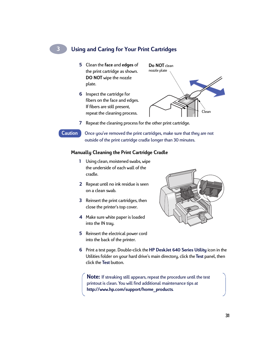 Using and caring for your print cartridges | HP Deskjet 642c Printer User Manual | Page 38 / 67