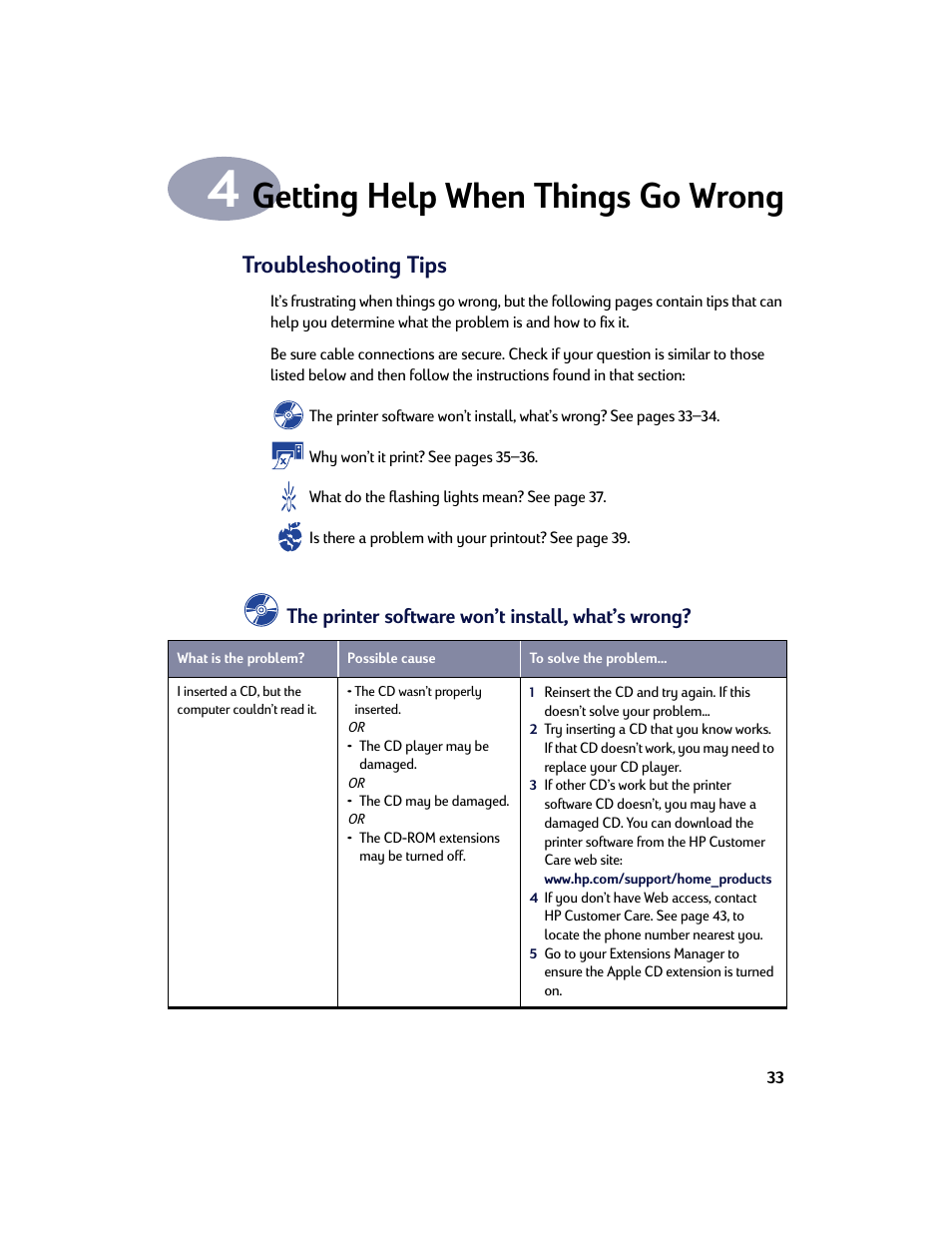 Getting help when things go wrong, Troubleshooting tips, Chapter 4 getting help when things go wrong | The printer software won’t install, what’s wrong | HP Deskjet 642c Printer User Manual | Page 40 / 67