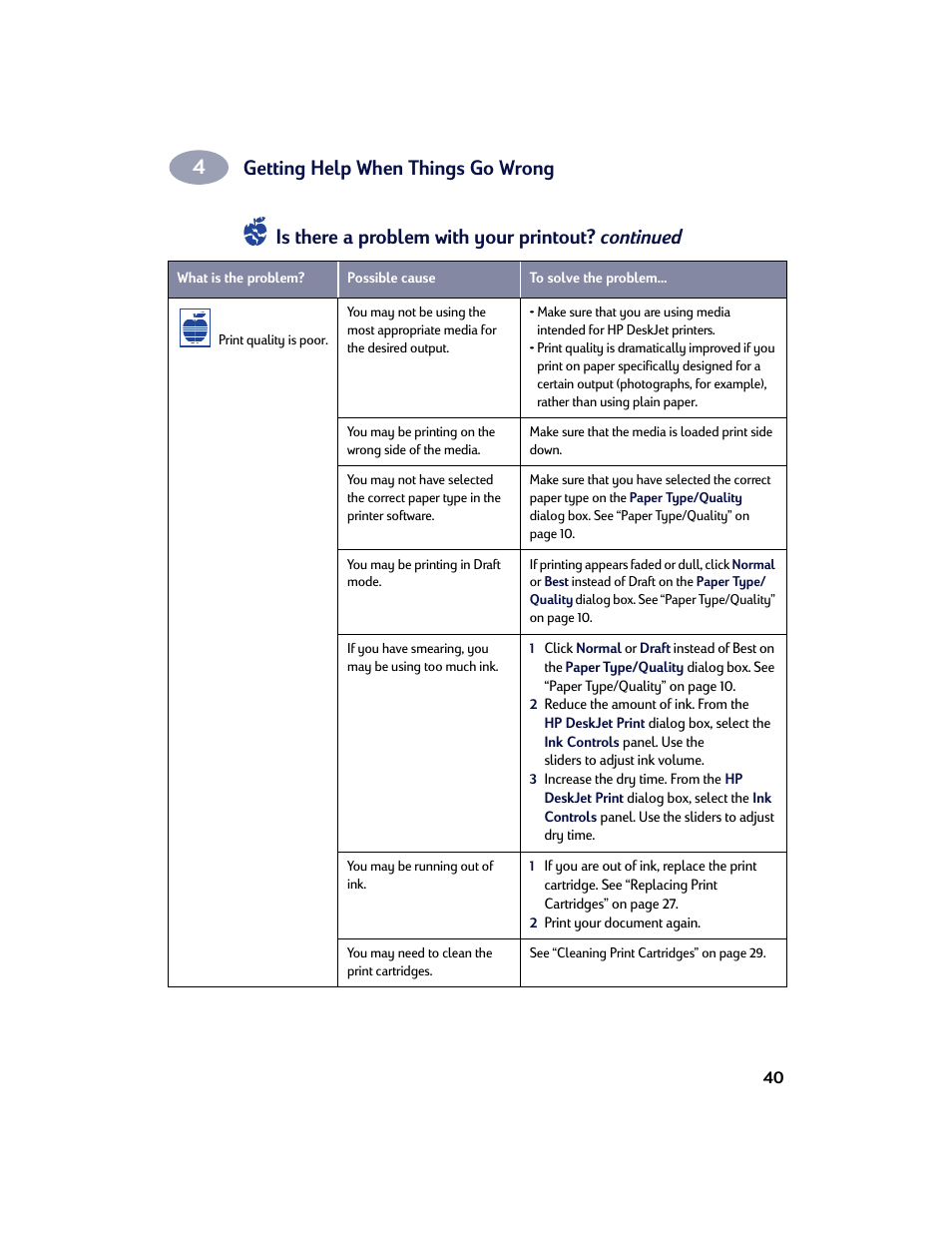 Getting help when things go wrong, Is there a problem with your printout? continued | HP Deskjet 642c Printer User Manual | Page 47 / 67