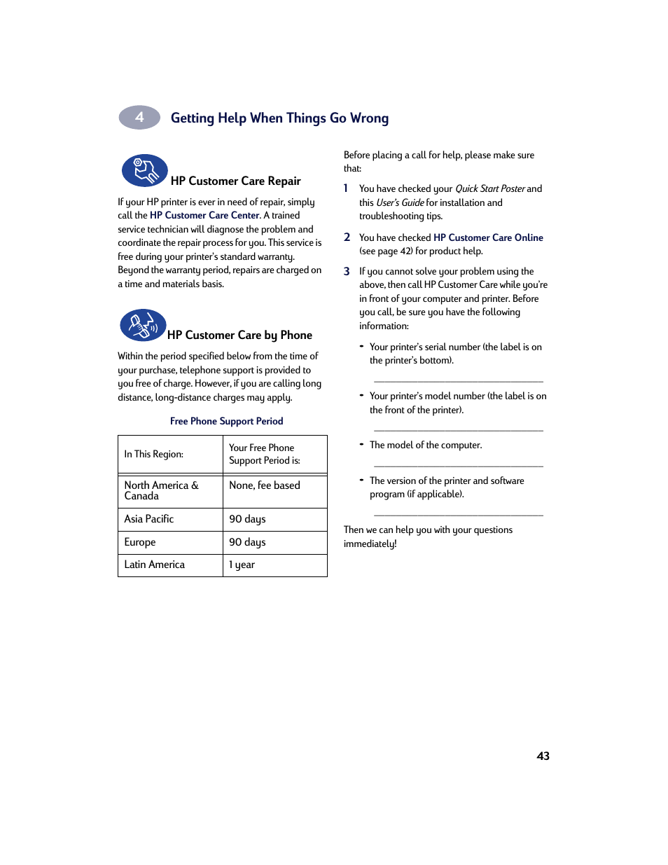 Getting help when things go wrong | HP Deskjet 642c Printer User Manual | Page 50 / 67