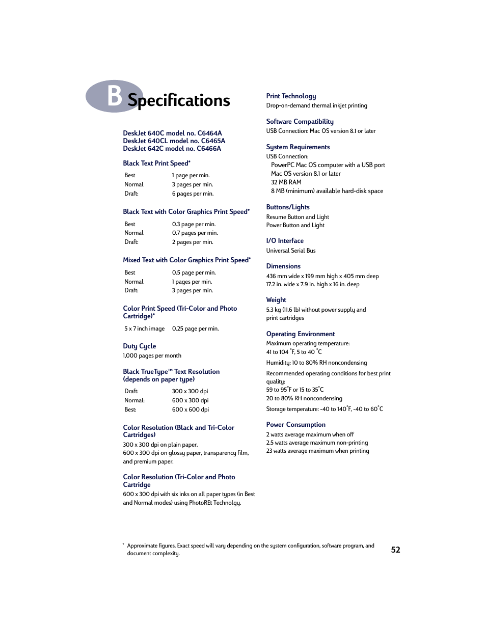 Specifications, Appendix b | HP Deskjet 642c Printer User Manual | Page 59 / 67