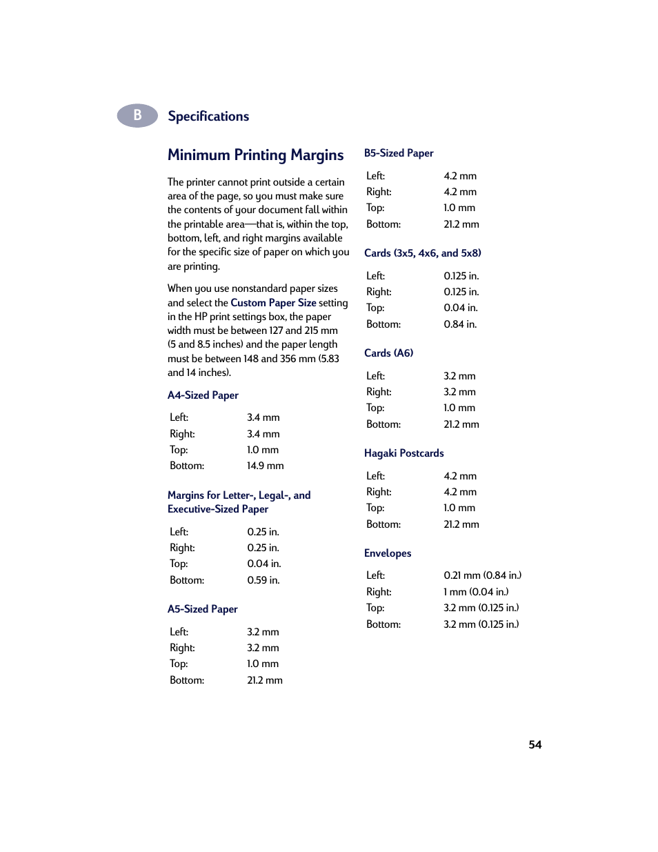 Minimum printing margins, Specifications | HP Deskjet 642c Printer User Manual | Page 61 / 67