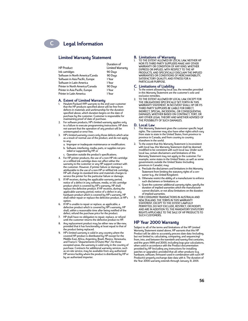Limited warranty statement, Hp year 2000 warranty, Legal information | HP Deskjet 642c Printer User Manual | Page 63 / 67