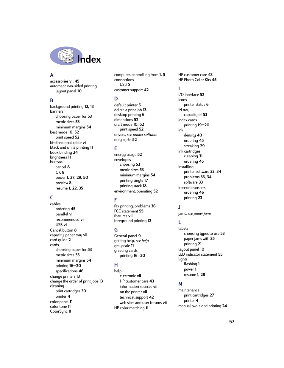 Index | HP Deskjet 642c Printer User Manual | Page 64 / 67