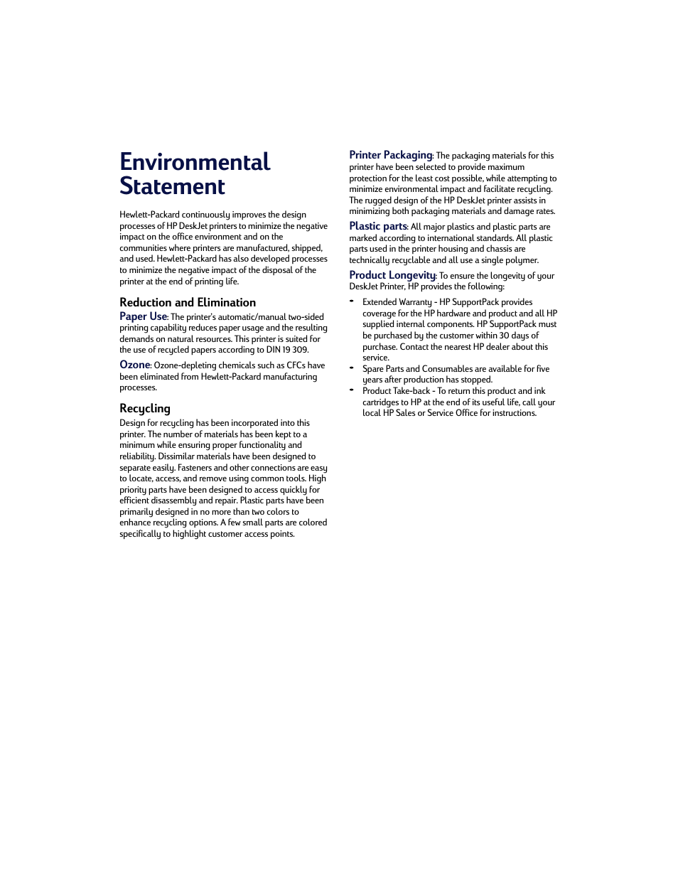 Environmental statement | HP Deskjet 642c Printer User Manual | Page 67 / 67