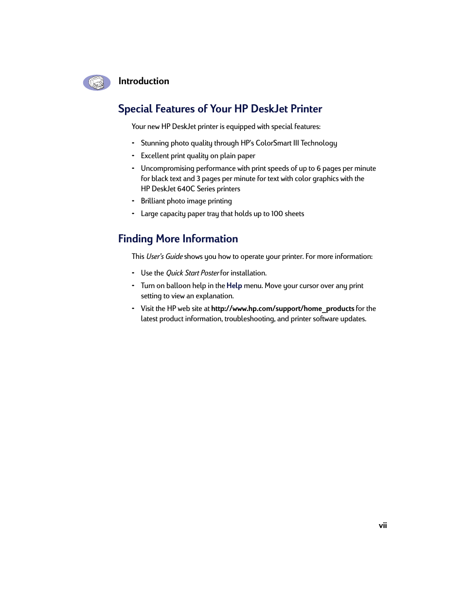 Special features of your hp deskjet printer, Finding more information | HP Deskjet 642c Printer User Manual | Page 7 / 67