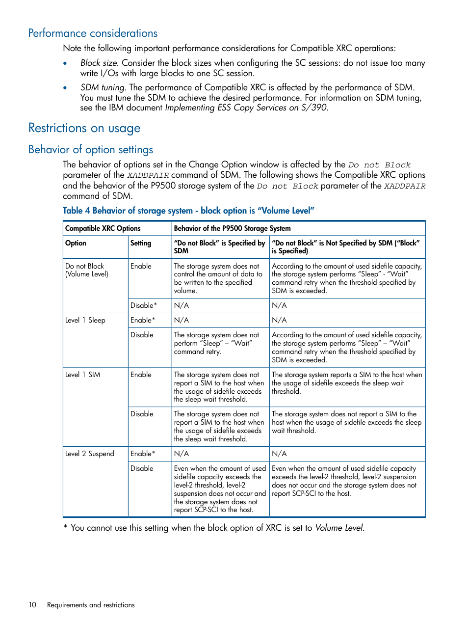 Performance considerations, Restrictions on usage, Behavior of option settings | HP XP P9500 Storage User Manual | Page 10 / 31