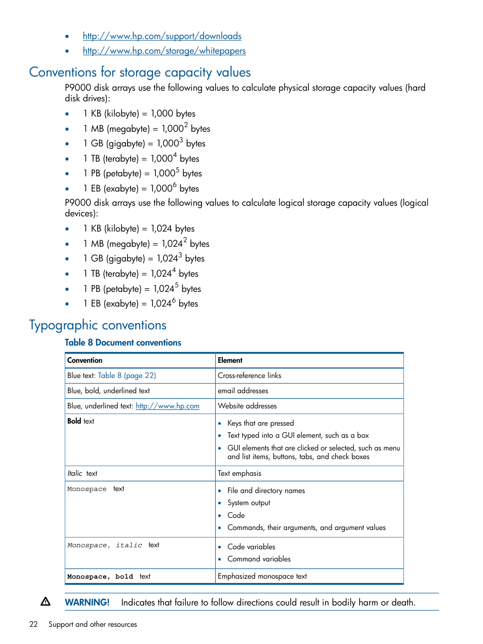 Conventions for storage capacity values, Typographic conventions | HP XP P9500 Storage User Manual | Page 22 / 31