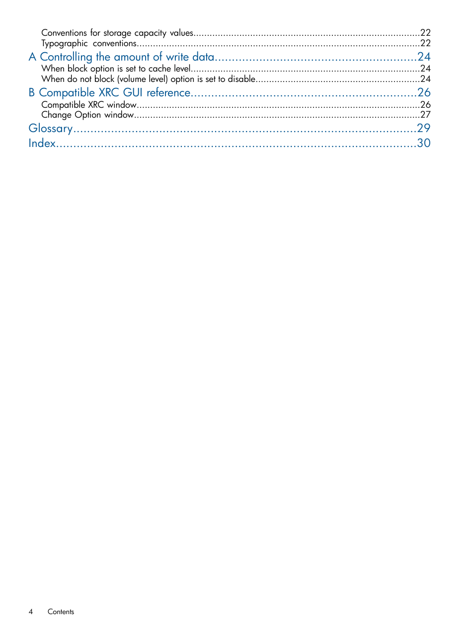 A controlling the amount of write data, B compatible xrc gui reference, Glossary index | HP XP P9500 Storage User Manual | Page 4 / 31